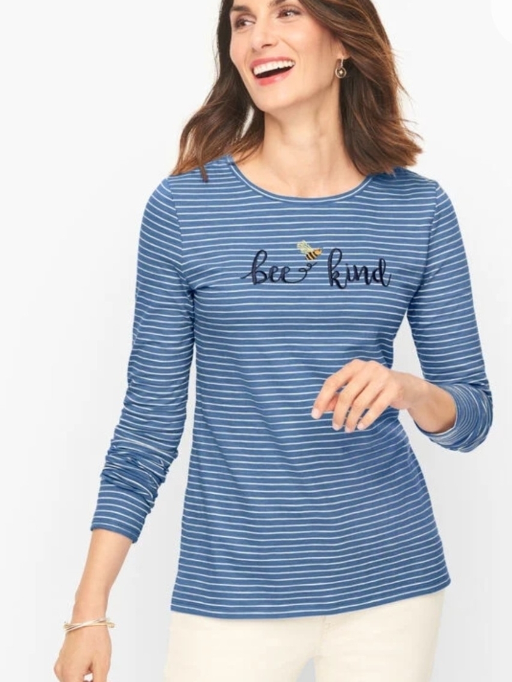 Talbots Blue Striped "Bee Kind" Long-Sleeve Tee